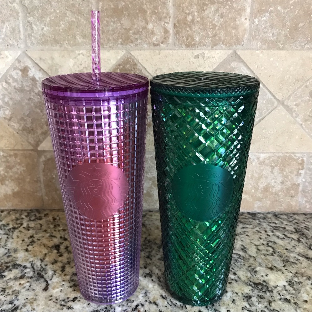 Starbucks Emerald Green Holiday Tumbler and Summer Kaleidoscope Grid Tumbler Set